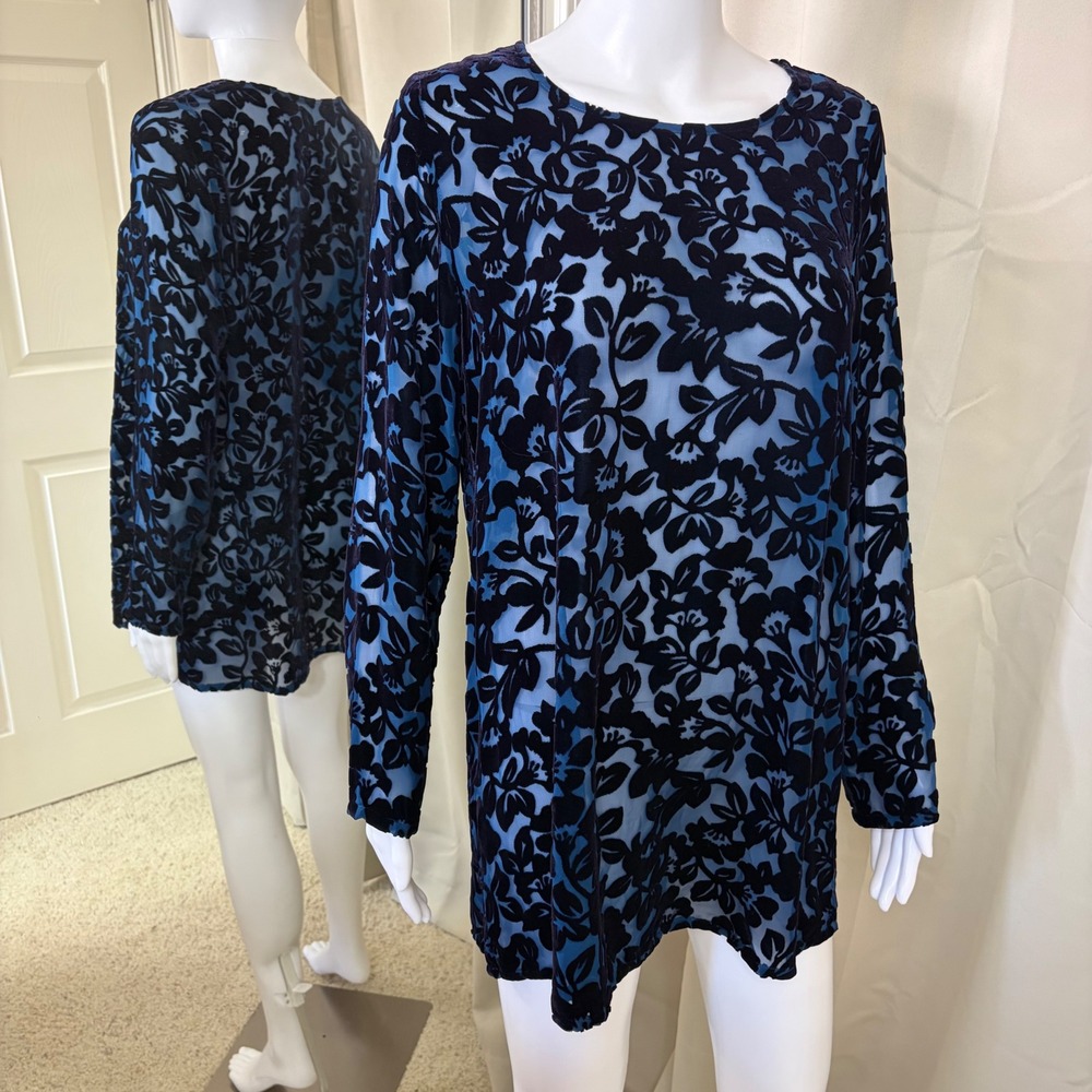Laura Ashley Silk Blend Devore Burnout Velvet Floral Tunic Top Navy Blue Small
